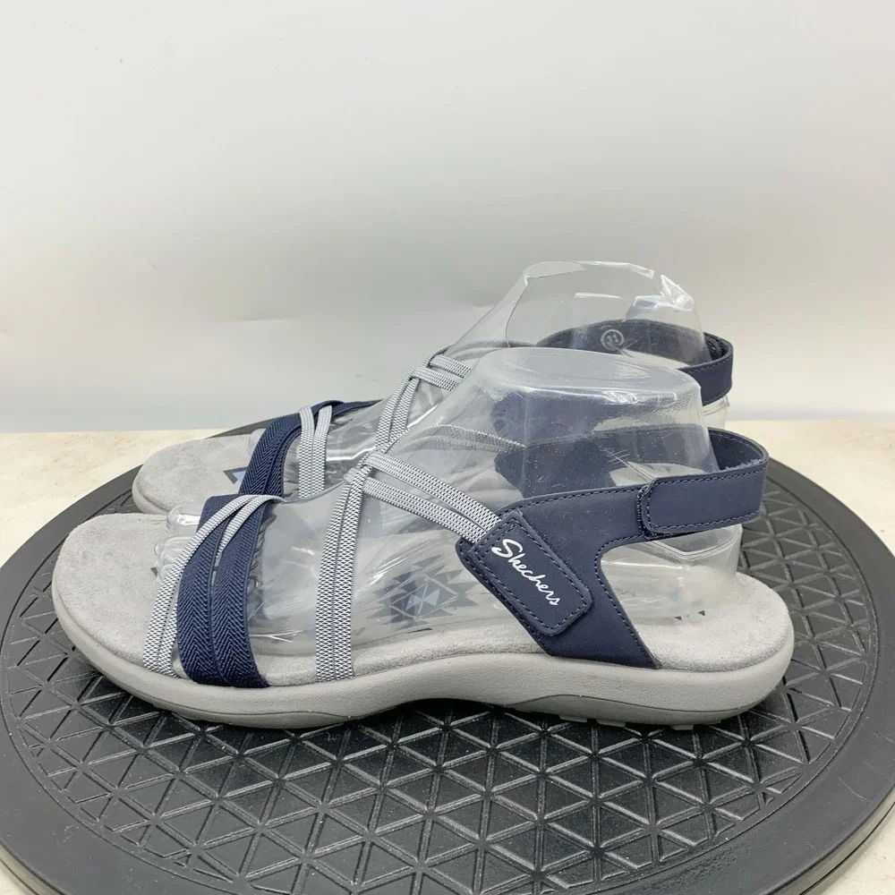 Skechers Reggae Sandals Women Size 11 Shoes‎ Blue Gray Stretch Flip Flops Adjust